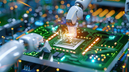 A close-up view of advanced robotic arms working on a microchip circuit board, showcasing automated technology with glowing lights and sparks, symbolizing innovation.の素材