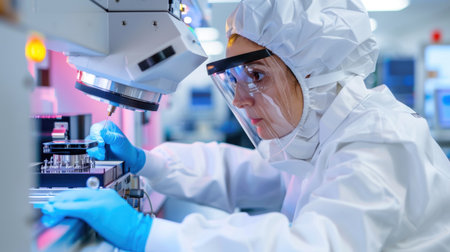 A dedicated scientist in a cleanroom environment analyzes samples using a microscope, showcasing the importance of safety and precision in modern research.の素材