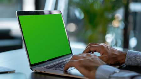 Close-up of professional hands typing on a laptop featuring a vibrant green screen, set in a sleek modern office. Perfect for business and tech themes.の素材