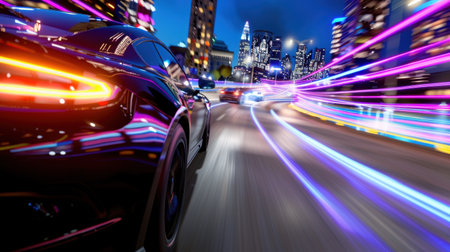 Experience the thrill of high-speed racing in a vibrant city at night, with colorful light trails creating a dynamic atmosphere of movement and excitement.の素材