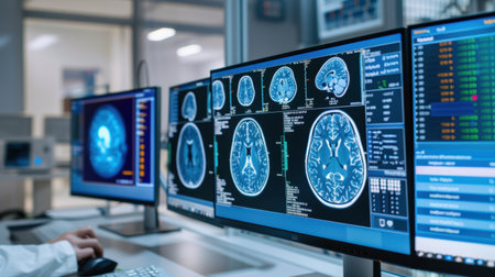 This high-resolution image showcases a modern healthcare environment with multiple computer screens featuring detailed brain scans, illustrating advanced medical imaging technology used in diagnostics and research.の素材