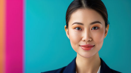 A confident businesswoman poses against a vibrant background, showcasing her calm demeanor and stylish appearance, ideal for professional themes.の素材