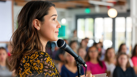 A confident woman addresses an audience using a microphone at a dynamic conference event, fostering engagement and sharing valuable insights with attendees.の素材