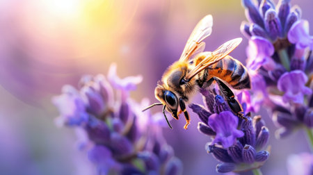 A stunning close-up image of a honey bee collecting nectar from lavender flowers, showcasing the intricate details of nature's beauty in a serene setting.の素材