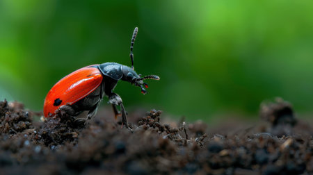 This stunning macro image captures a vibrant red beetle emerging from dark soil, set against a soft-focus lush green background, showcasing nature's beauty.の素材