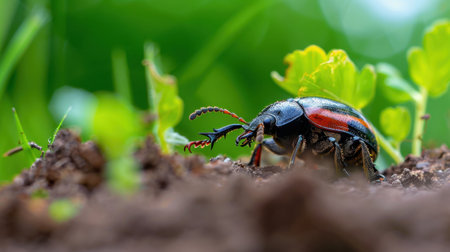 A vibrant beetle is seen crawling on soil amidst lush green leaves, showcasing intricate details and colors, highlighting nature's beauty and complexity.の素材
