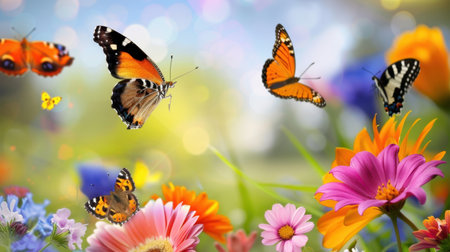 This enchanting image captures butterflies gracefully fluttering over a colorful flower garden, showcasing the beauty of nature in vibrant hues and soft light.の素材