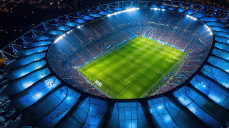 This captivating aerial view showcases a modern stadium illuminated at night, highlighting the vibrant crowd and green field below, perfect for sports enthusiasts.の素材