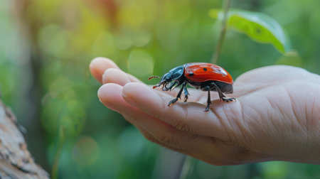 A stunning close-up shot of a red beetle on a human hand, showcasing nature's beauty and intricate details against a lush garden backdrop.の素材