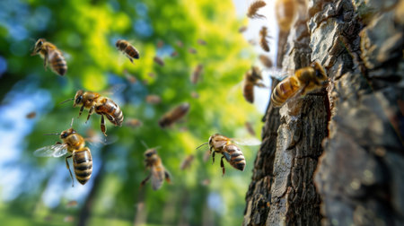 A captivating scene of bees buzzing around a tree, showcasing their vital role in pollination against a vibrant green backdrop illuminated by sunlight.の素材