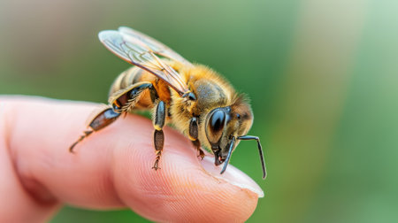 This close-up image captures a honey bee perched delicately on a human finger, showcasing intricate details and vibrant colors against a soft background.の素材