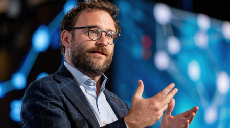 Engaging speaker presents insights on technology and innovation during a business conference, captivating the audience with clear communication and passion.の素材