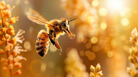 A stunning close-up of a honeybee in flight, surrounded by vibrant flowers in a sunlit garden. The soft bokeh creates a dreamy atmosphere, highlighting natureの素材