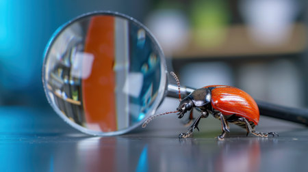 This image features a vibrant red beetle positioned next to a magnifying glass, showcasing intricate details on its body. The blurred background enhances focus on the insect.の素材