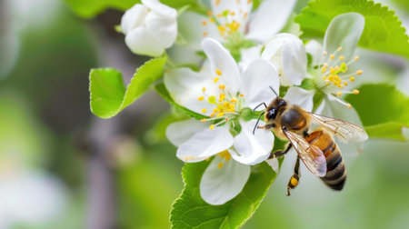A stunning close-up image of a honeybee interacting with a delicate white apple blossom under soft sunlight. The vibrant colors and serene background highlight the beauty of nature and the important role of pollinators in the ecosystem. Perfect for illustrating themes of growth and ecology.の素材