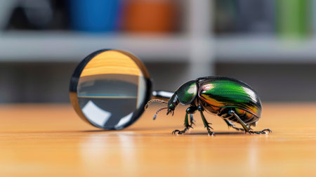 A vivid and colorful beetle stands beside a magnifying glass on a wooden surface, inviting viewers to explore the intricate details of nature and insect life.の素材