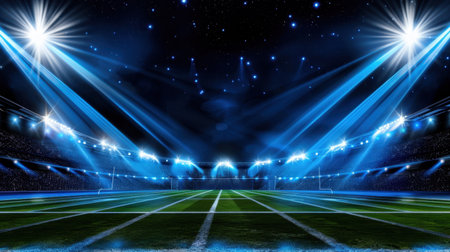 This captivating image showcases a nighttime stadium with striking floodlights illuminating the grass field. The starry sky creates an exhilarating atmosphere, ideal for showcasing sports events or summer nights.の素材