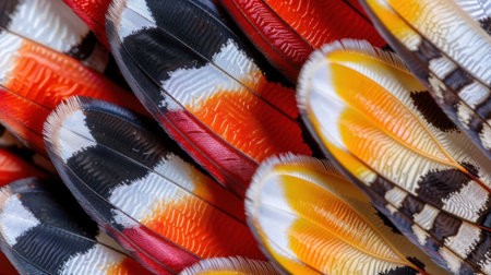 Stunning close-up of colorful bird feathers showcasing a variety of intricate patterns and textures. Perfect for nature and wildlife themes.の素材