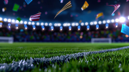 A vibrant soccer field scene comes alive with colorful banners and confetti amidst bright stadium lights, capturing the thrill of nighttime sports events.の素材