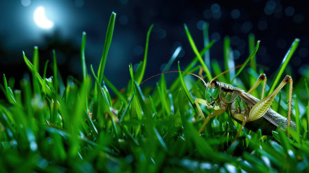 This captivating image features a close-up view of a grasshopper perched on vibrant green grass under a moonlit night sky, highlighting nature's intricate beauty.の素材