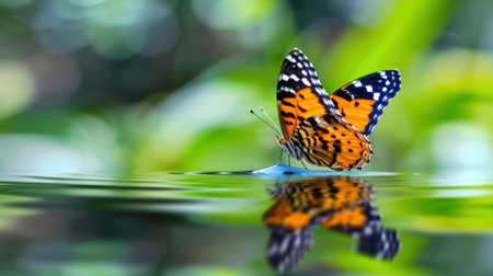 A stunning orange butterfly rests gently on a reflective water surface, surrounded by lush greenery, capturing the essence of nature's beauty and tranquility.の素材