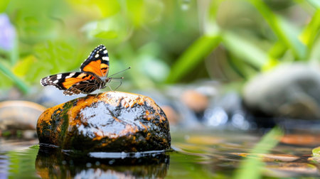A stunning monarch butterfly elegantly perched on a smooth stone beside a gentle stream, showcasing nature's beauty in a tranquil setting.の素材