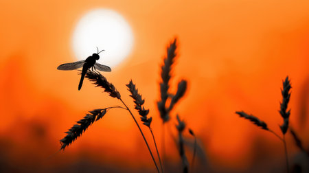A captivating silhouette of a dragonfly perched on grass during a stunning sunset, featuring warm orange and yellow hues that create a serene atmosphere.の素材
