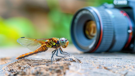 This stunning macro photograph captures a vibrant dragonfly perched on a wooden surface, with a professional camera equipment in the background, showcasing the beauty of nature.の素材