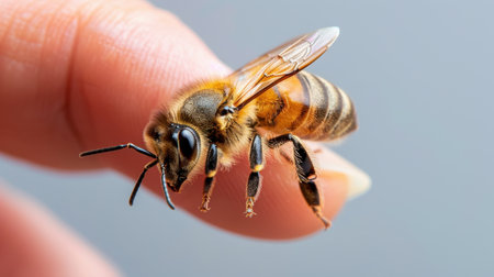 This close-up image captures a honey bee delicately perched on a human finger, illustrating the stunning details of its body and wings. Ideal for nature lovers and educational purposes.の素材