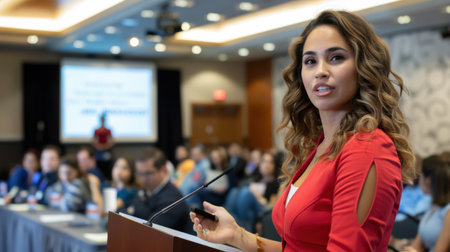 A confident speaker captivates an audience at a business conference, showcasing effective communication skills and leadership abilities.の素材
