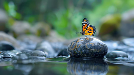 A stunning monarch butterfly rests gracefully on a smooth rock beside shimmering water, surrounded by vibrant greenery, capturing the beauty of nature.の素材