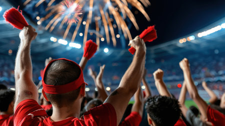 A vibrant scene captures fans with red scarves celebrating a thrilling sports event, surrounded by fireworks lighting up the night sky, showcasing collective joy.の素材