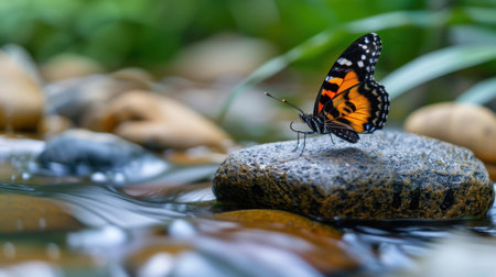 A stunning close-up of a colorful butterfly resting on a smooth stone by a gentle stream. This image captures the essence of nature's beauty, showcasing vibrant colors and serene surroundings.の素材