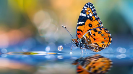 A stunning close-up of a vibrant butterfly resting on the water, showcasing its intricate patterns and the serene reflection in the surface.の素材