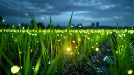 Captivating view of a lush green rice field at dusk, illuminated by shimmering fireflies under a calm sky. Perfect for nature-themed projects.の素材