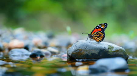 A stunning image of a monarch butterfly resting on a smooth stone beside a gentle stream, showcasing the beauty and tranquility of nature. The soft focus background enhances the vibrant colors of the butterfly, creating a serene and peaceful scene.の素材
