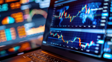 A modern laptop displaying financial graphs and market data in a professional office setting. Ideal for investment analysis and trading activities.の素材
