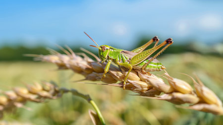 A detailed close-up of a vibrant green grasshopper perched on a wheat stalk, showcasing the beauty of nature in a sunny agricultural field under a clear blue sky.の素材