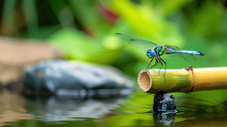 A detailed view of a vibrant dragonfly perched on a bamboo stick beside calm water, capturing the essence of nature's serenity in a lush green setting.の素材