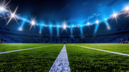 A captivating nighttime view of a pristine stadium filled with bright lights illuminating the lush green grass field, perfect for sporting events and activities.の素材