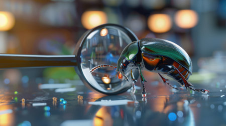 A vibrant and detailed close-up of a colorful beetle examined under a magnifying glass, showcasing its intricate details and textures against a blurred background.の素材