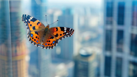 A close-up of a vibrant butterfly resting on a glass surface, showcasing its bright orange and blue wings against a blurred urban skyline.の素材