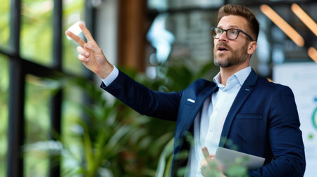 A professional businessman confidently presents innovative ideas in a modern office environment filled with greenery. This image captures leadership and engagement.の素材