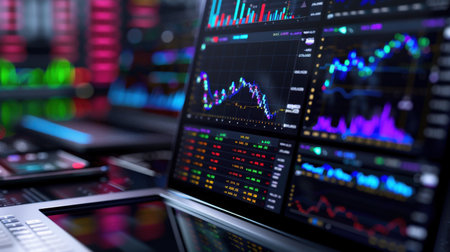 A high-tech scene showcasing a laptop with vibrant charts and graphs, reflecting advanced financial data analytics for investors and traders.の素材