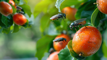 This image features a detailed view of insects buzzing around bright orange fruit, showcasing the vibrant colors of nature in a sunlit garden setting.の素材