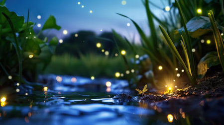 This captivating evening scene showcases fireflies illuminating a tranquil water stream, surrounded by lush grass and gentle foliage, evoking a magical atmosphere.の素材