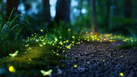 A stunning twilight scene showcasing glowing fireflies lighting up a moss-covered path in a serene forest, creating a magical atmosphere in nature.の素材