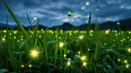 Experience the serene beauty of a night meadow filled with glowing fireflies, capturing the enchanting essence of nature's tranquility in a stunning landscape.の素材