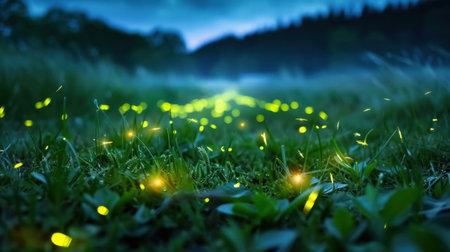 A captivating scene showcasing fireflies illuminating a grassy meadow at dusk, creating a magical atmosphere filled with tranquility and beauty.の素材