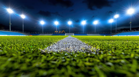 A stunning nighttime view of a soccer field illuminated by bright floodlights, showcasing the vibrant green turf and a clear blue sky, perfect for sports enthusiasts.の素材